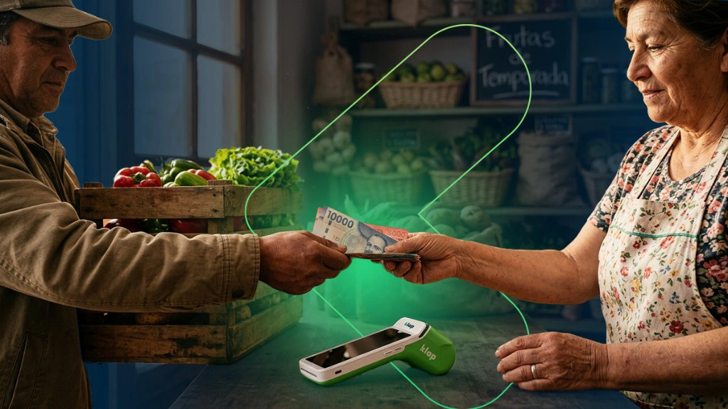 Pago en efectivo en un puesto de frutas, con un POS Klap en el mesón