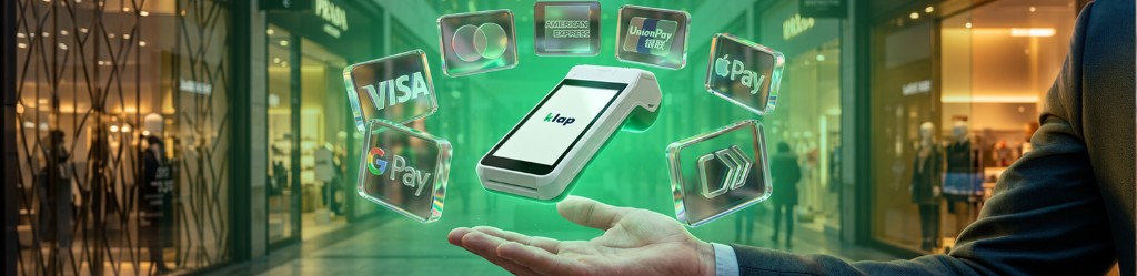 Terminal POS Klap con medios de pago: Visa, Mastercard, Google Pay, Apple Pay y más