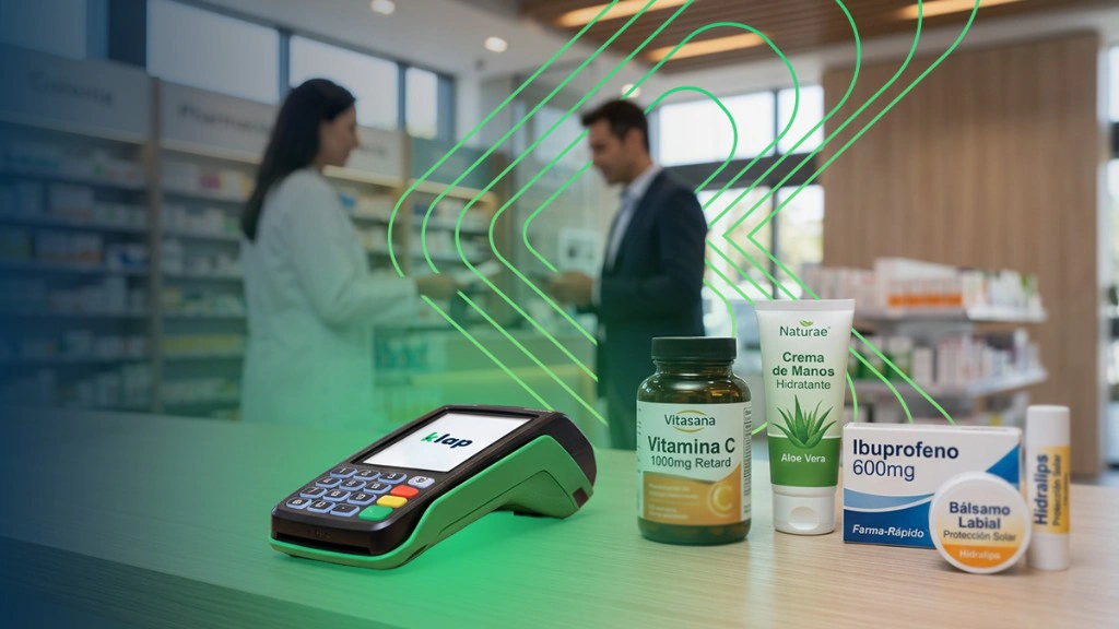 POS Klap en el mesón de una farmacia, junto a vitaminas y productos de cuidado personal