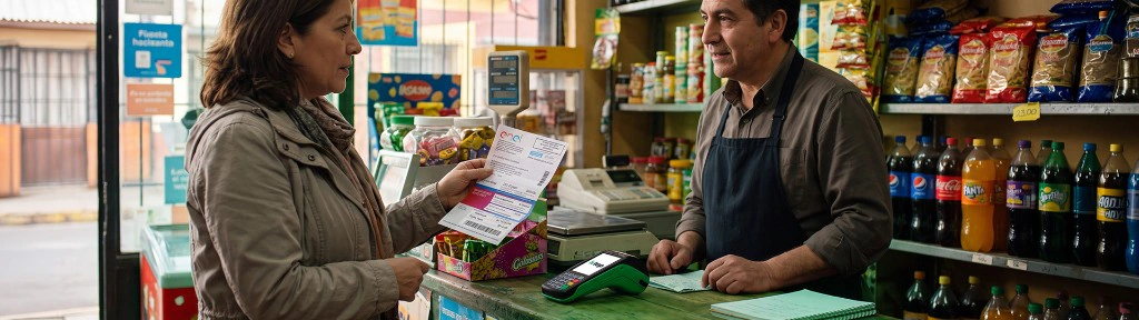 Clienta pagando una cuenta de luz en el mesón de un minimarket, con un POS Klap